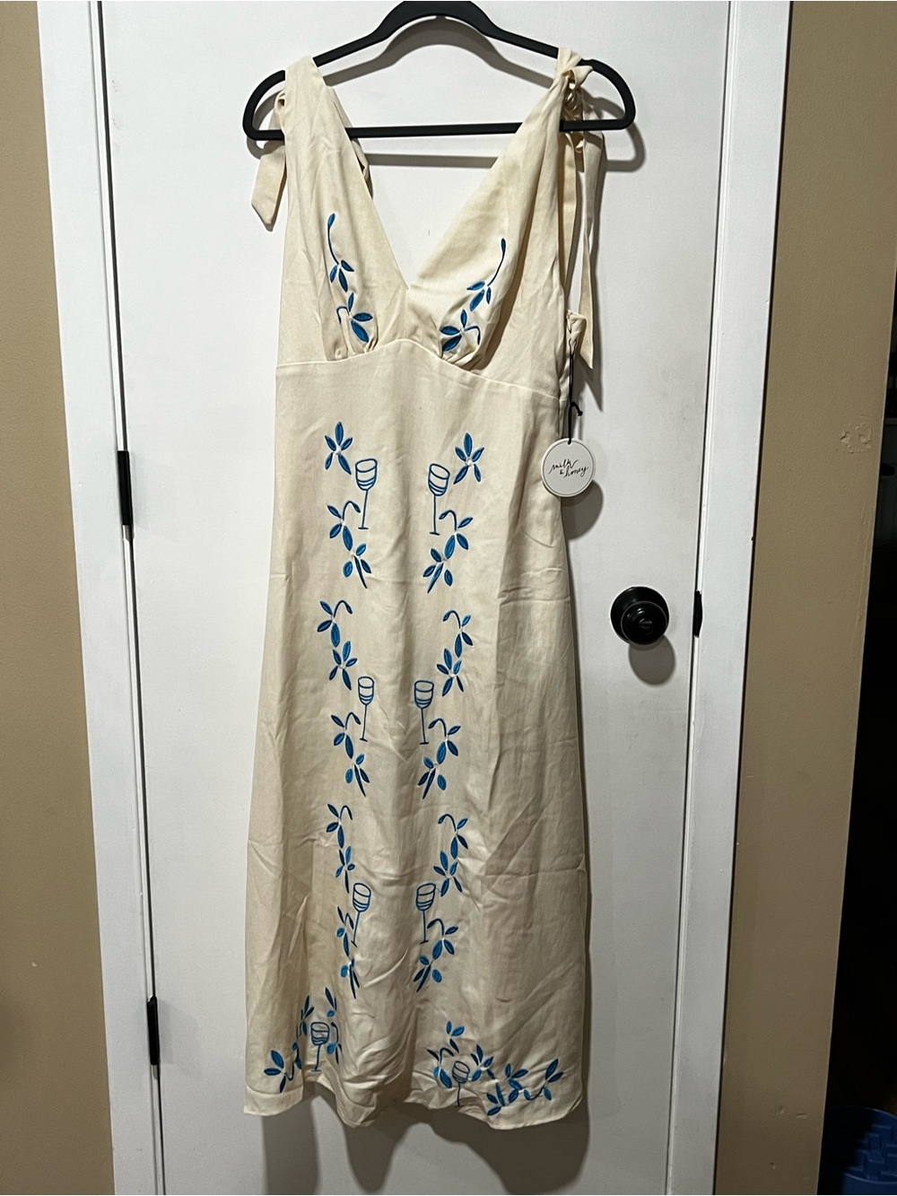 Cream Midi Dress with Blue Floral Embroidery — Tie-Shoulder V-Neck